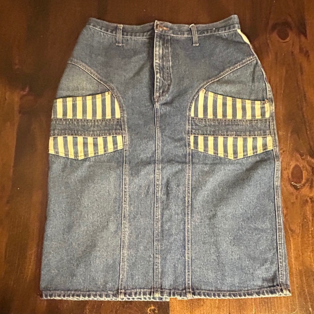 Vintage 90s Y2K Overtime Denim Skirt 15/16 Railroad Stripe High Waist Western